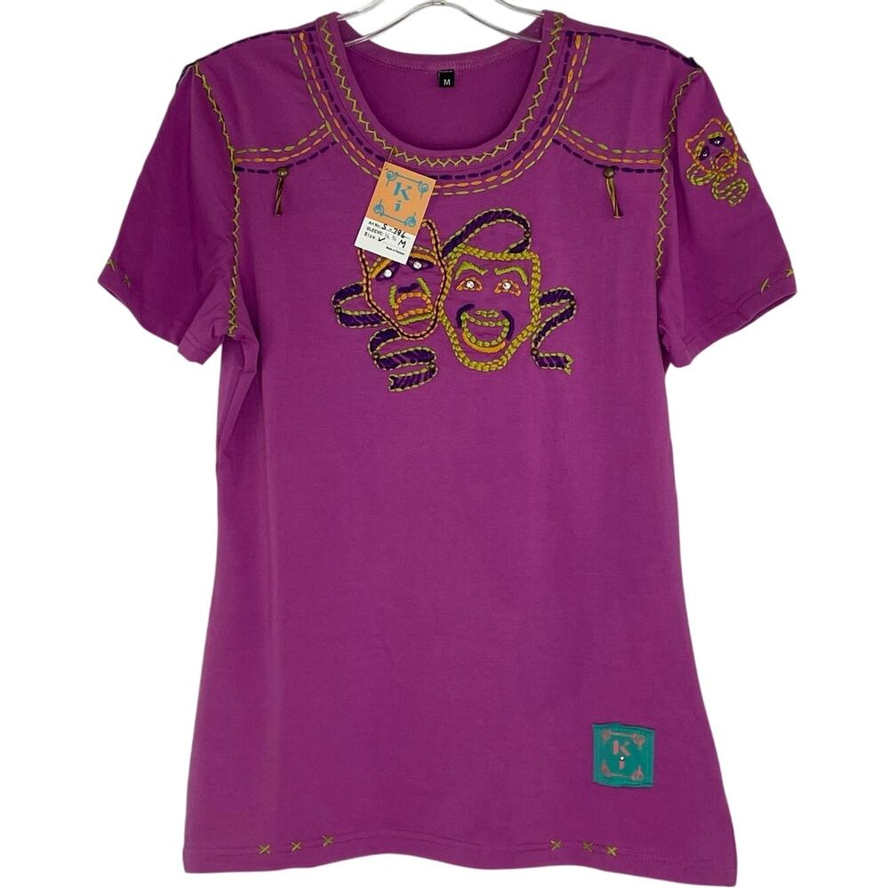 Unbranded purple t-shirt happy/sad theater face embroidery women's Medium
